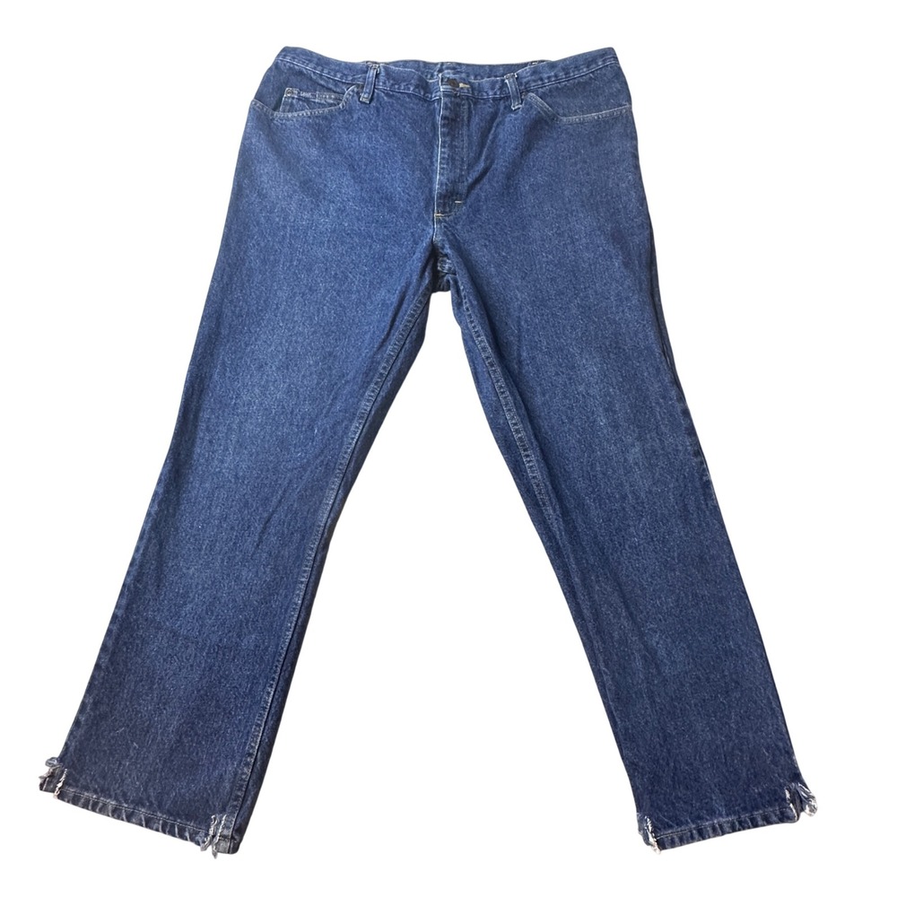 Lee Jeans Mens 42x30 (40x28) Blue Straight Leg Dark Wash Denim Distressed Hem